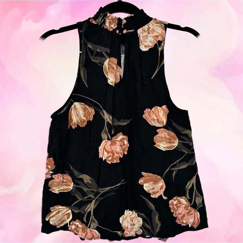A New Day Black Floral Mock Neck Ruched Sleeveless Blouse